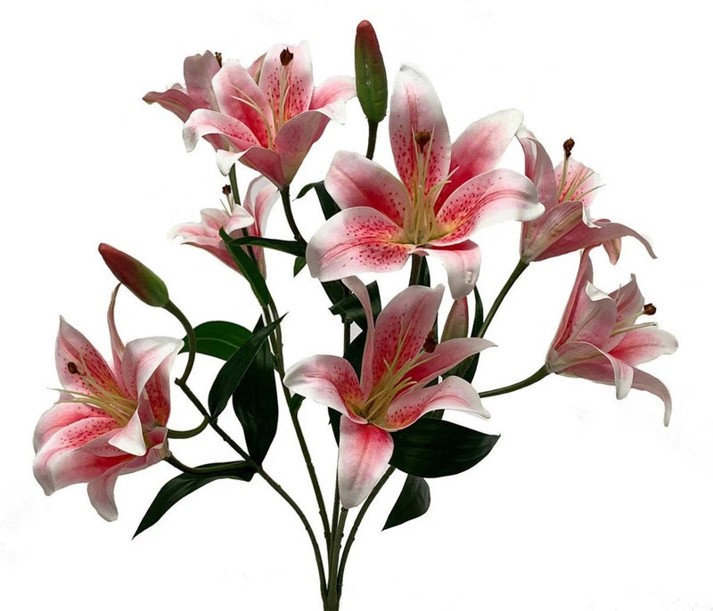 Artificial lily bouquet with pink and white blossoms and green stems