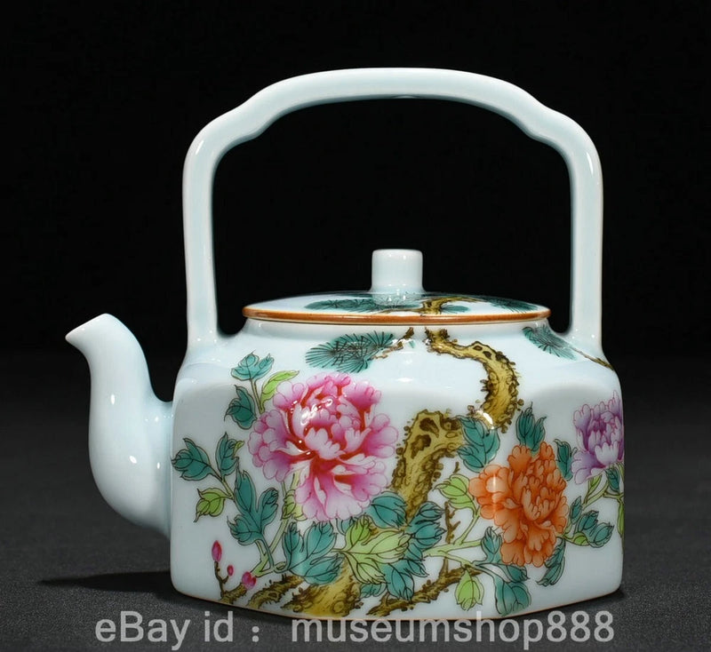 5.2" Old Chinese Pastel Porcelain Peony Flower Pattern Eight Sided Lifting Pot Peony