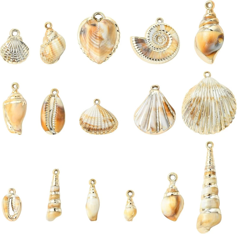 Gold-tone seashell pendant charms set, assorted shapes with hanging loops.