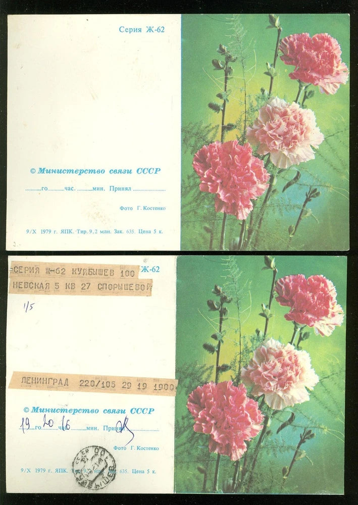 Vintage greeting telegram card with pink carnations, stamps, and printed text (2 panels)