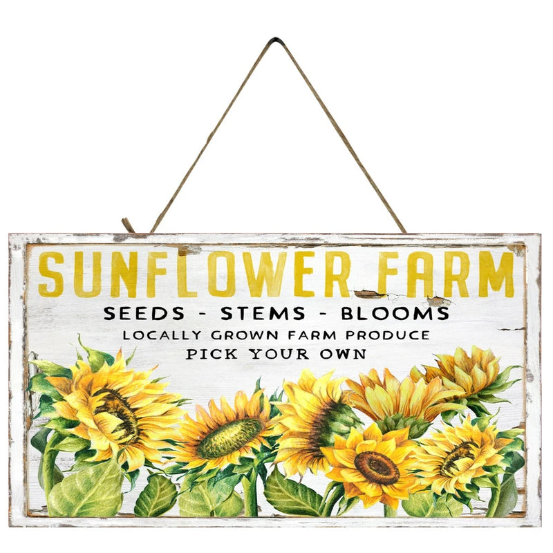 Handmade sunflower printed wall sign with rustic white frame and yellow sunflower artwork