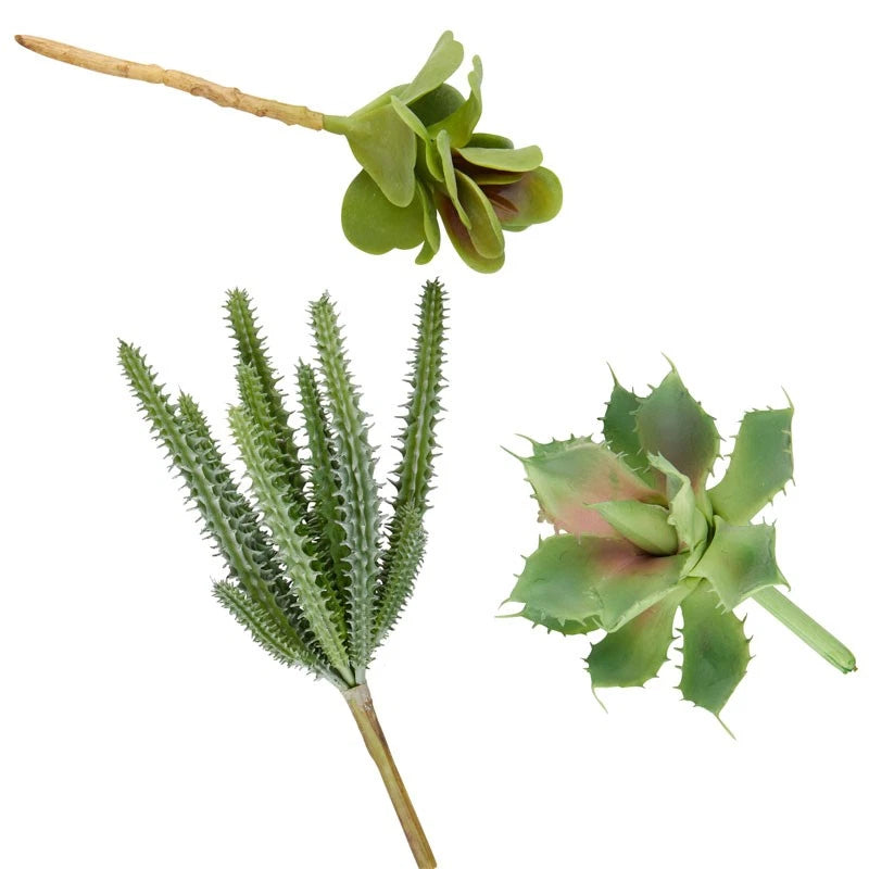Set of 3 vinyl succulent decorative picks in green: rosette, spiky, starburst
