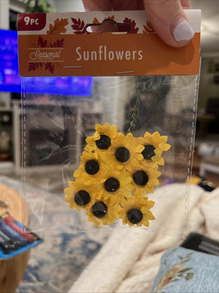9 Mini Artificial Sunflower Wedding Decor Craft DIY Pick Stem Yellow w/ Brown 1" Sunflower