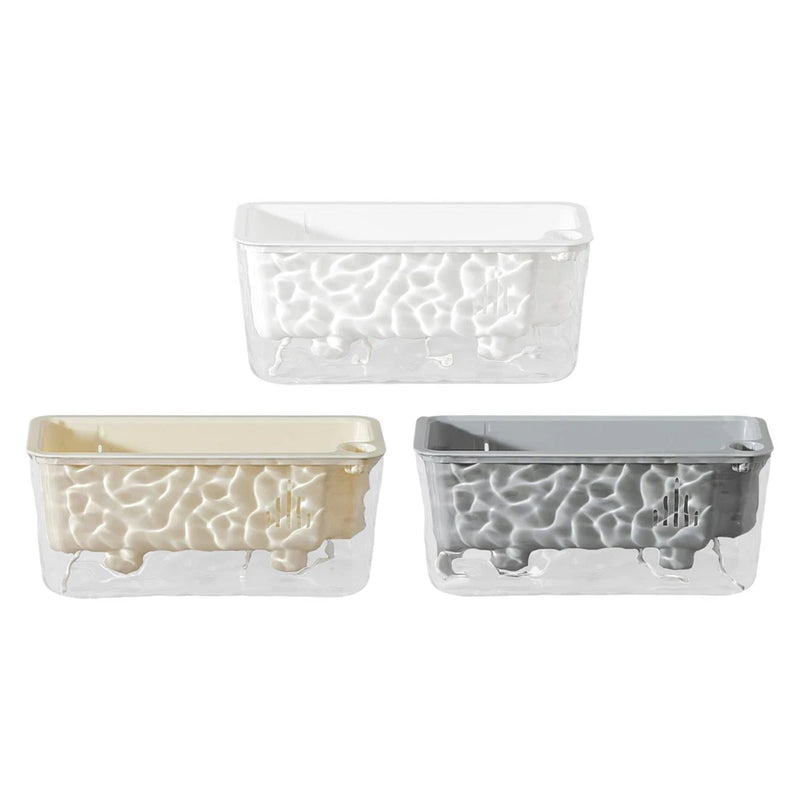 Self-watering window planter box, translucent clear, beige, and gray.