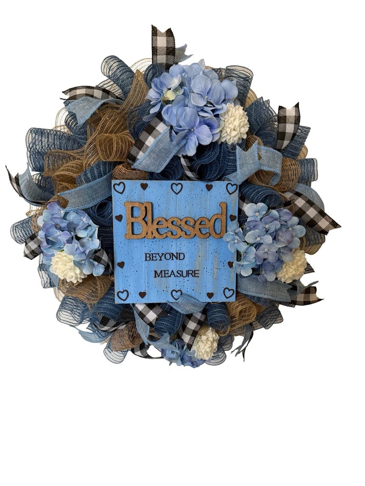 Handmade Blue Hydrangea Wreath Blessed Beyond Measure Door Decoration Hydrangea