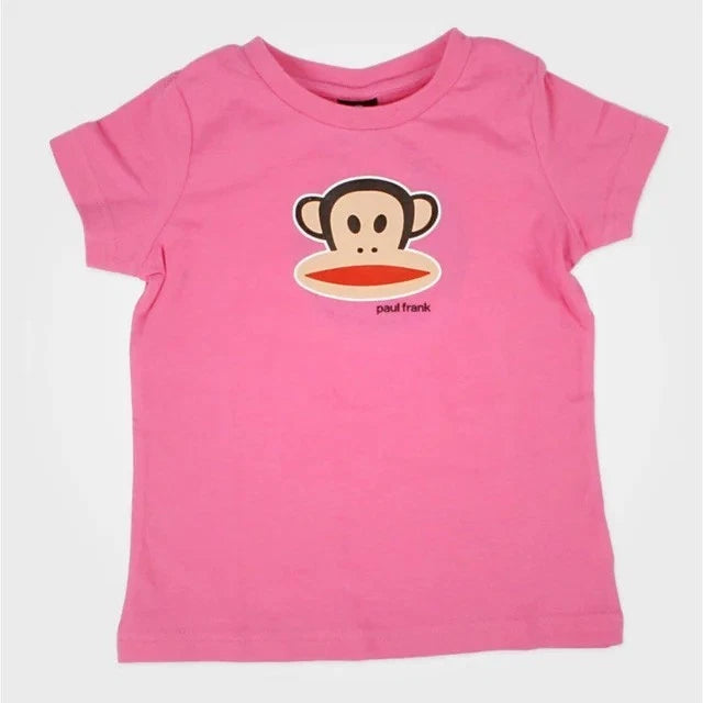 Pink unisex t-shirt with Paul Frank monkey logo graphic on chest