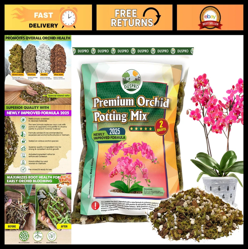 Orchid Potting Mix 2QT - Natural Ingredients, Forest Moss, Pine Bark, Perlite & Orchids