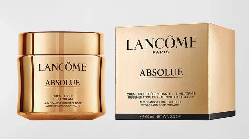 Lancôme Absolue rich cream jar next to matching gold box, 2 oz
