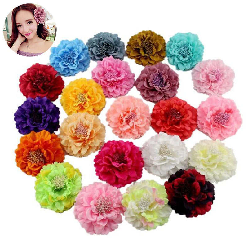Satin peony flower hair clips with fabric petals, assorted colors