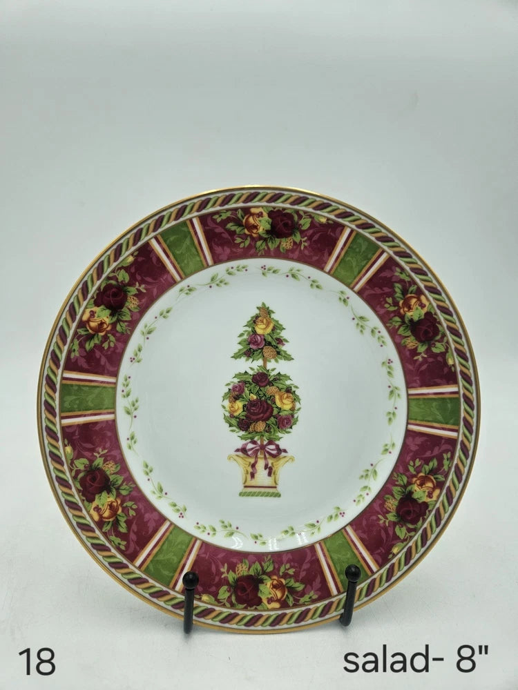 Porcelain salad plate with Old Country Roses border and central topiary scene, gold rim