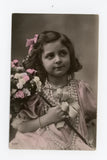 French Hand Tinted Photo Postcard Girl in Pink, Pearls, with Flowers, Carnations Carnation