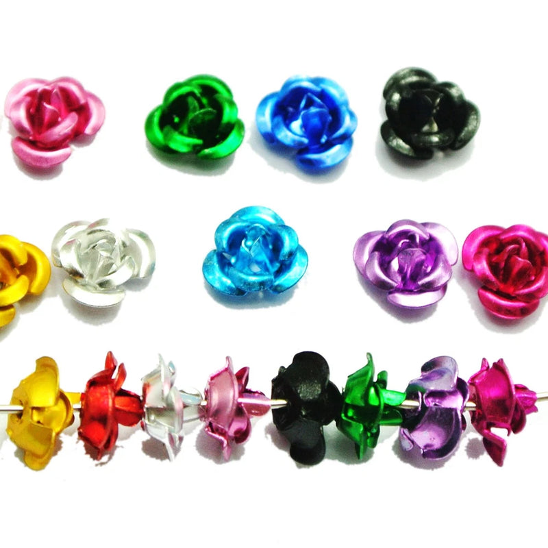 Mixed-color metal rose flower beads with circular shank, assorted bright finishes