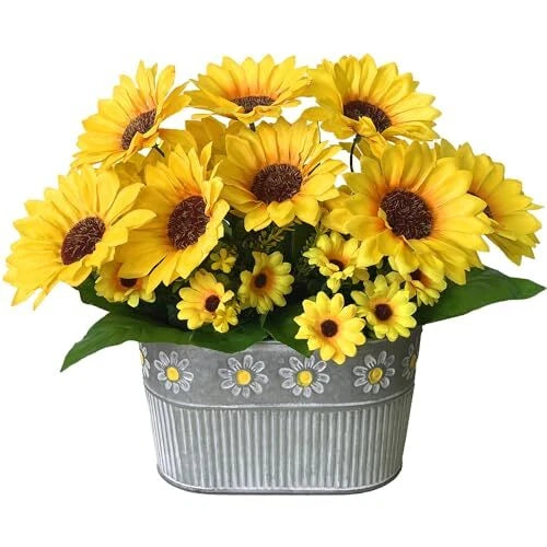 Faux sunflower floral pot arrangement with yellow blooms and small yellow flowers