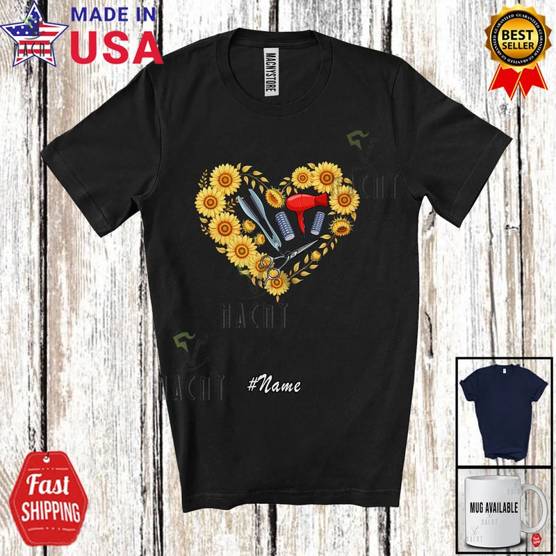 Black crew-neck hair stylist T-shirt with sunflower heart graphic and #Name text
