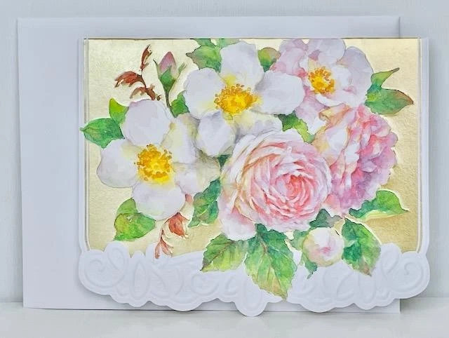 Floral note card with watercolor roses, pink and white blooms, and green leaves