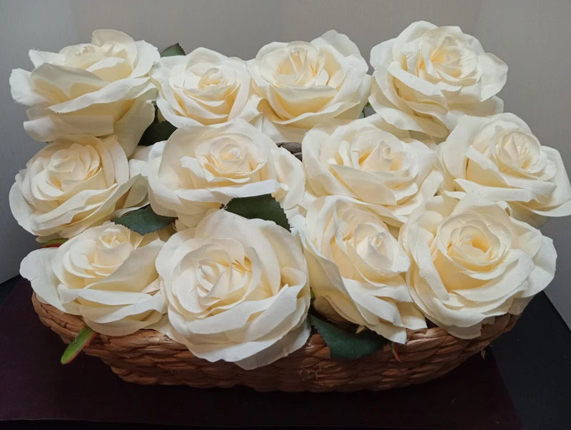 Ivory faux silk peony rose bouquet with 12 blooms in a woven basket