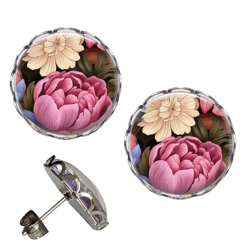 Scalloped peony floral stud earrings, round silver-tone with pink and cream flowers