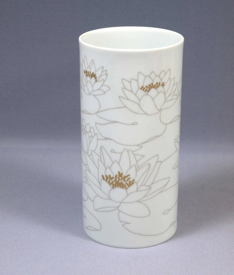 Large white porcelain vase with gold-accent water lily line art, cylindrical shape