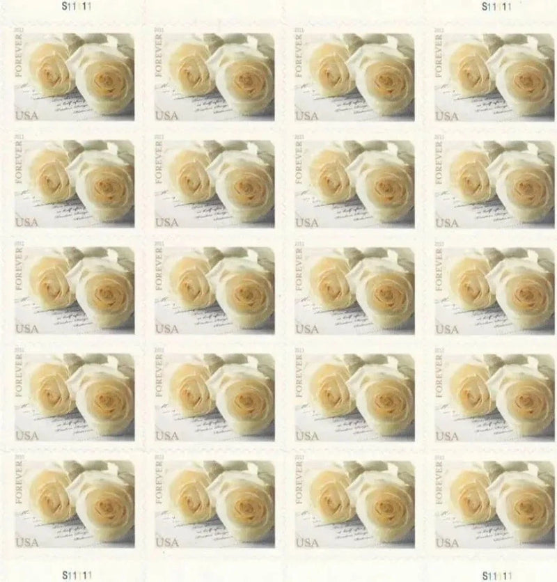 Wedding stamp pane featuring cream and white rose floral designs, set of 20