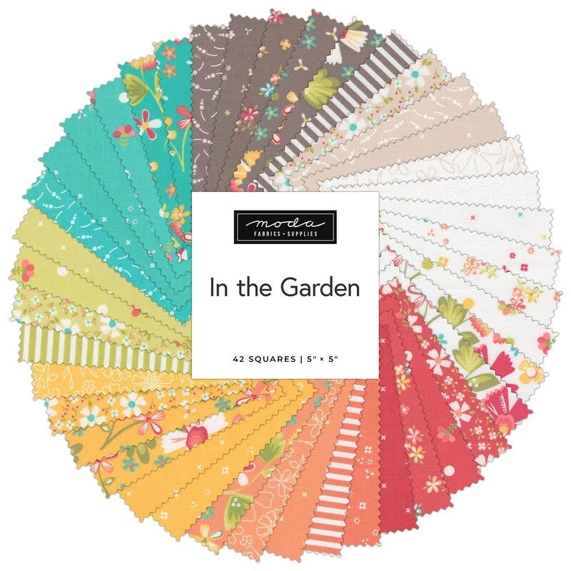 In the Garden 42, 5 inch charm squares Moda cotton quilt fabric by Corey Yoder Flowering Plants