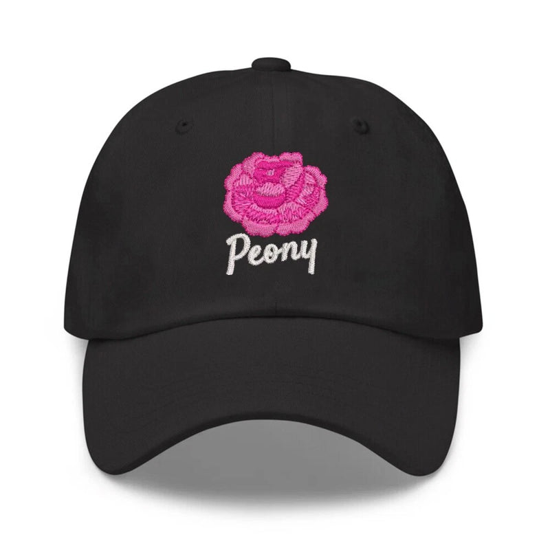 Black cotton baseball cap with pink peony flower embroidery and 'Peony' text