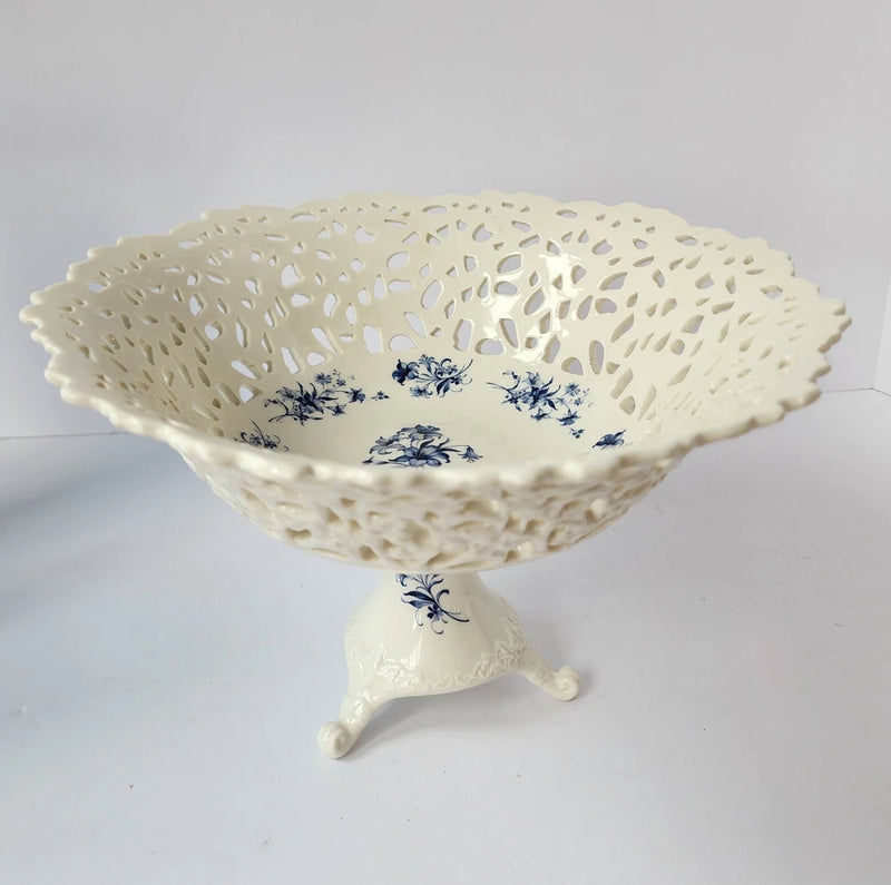 PORCELAIN BLUE & WHITE  CUT OUT ORNATE FOOTED BOWL Handpainted Iris Lily Daisy Lily