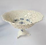 PORCELAIN BLUE & WHITE  CUT OUT ORNATE FOOTED BOWL Handpainted Iris Lily Daisy Lily