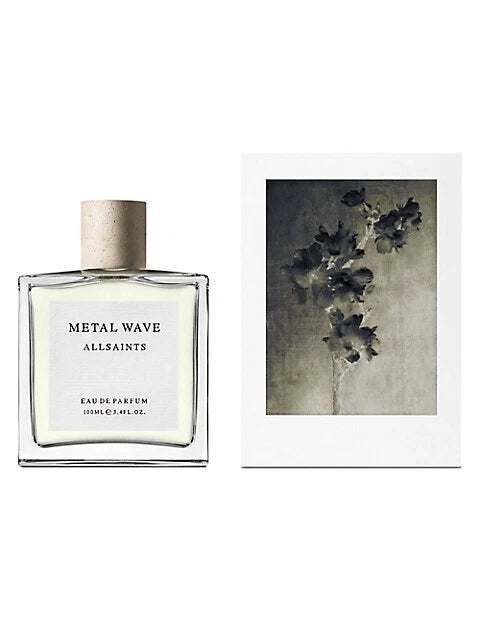 Metal Wave eau de parfum bottle with beige cap, ALLSAINTS label, in box