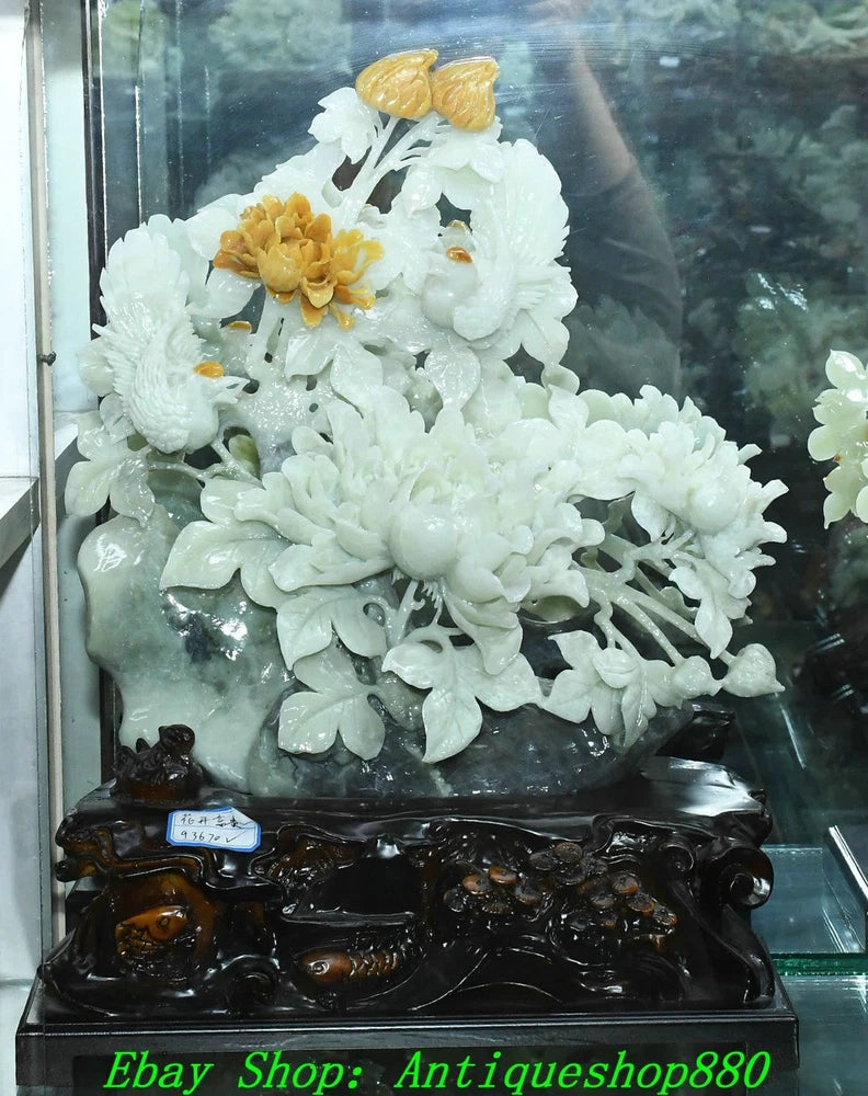 20.4''Chinese Natural Xiu Jade Carving Peony Flower Bird Statue Sculpture Peony