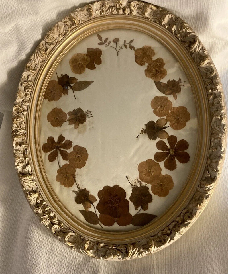 Oval frame wall hanging with pressed dried flowers, ornate gold frame