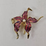 Gold Tone Lily Purple Enamel Brooch Faux Pearl Flower Unmarked Pin Lily