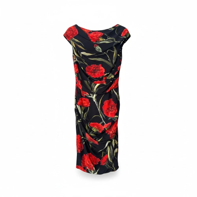 Black ruched floral dress with red carnation print and scoop neckline