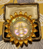 Art Deco Vintage Style AB Crystal Seaview Moon Face Gold Sun Flower Brooch Pin Sunflower