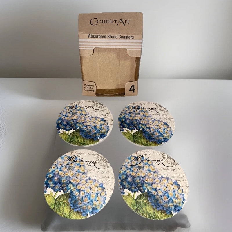 Hydrangea Floral Absorbent Stoneware Coasters Box Set of 4 Made In USA Hydrangea