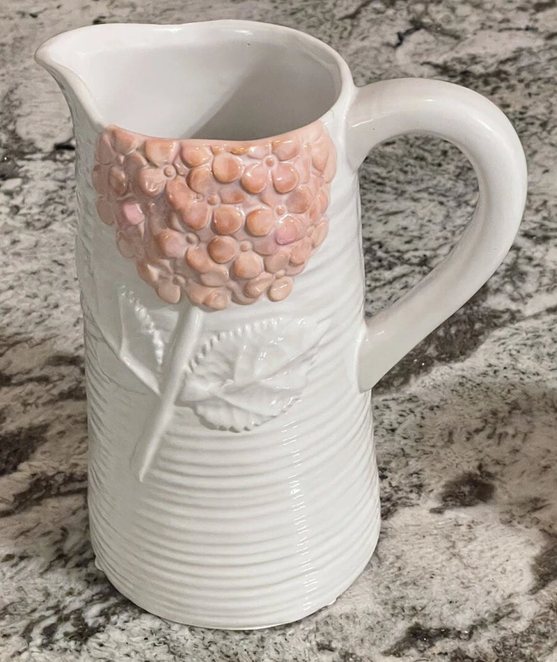 Contemporary White FTD Pitcher Vase w/Pink 3D Hydrangea 7.5ÓHx4.5ÓW Hydrangea