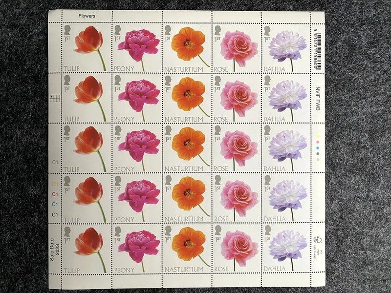 (2023) Full Sheet UK GB Stamps MNH Flowers TULIP PEONY NASTURTIUM ROSE DAHLIA Peony
