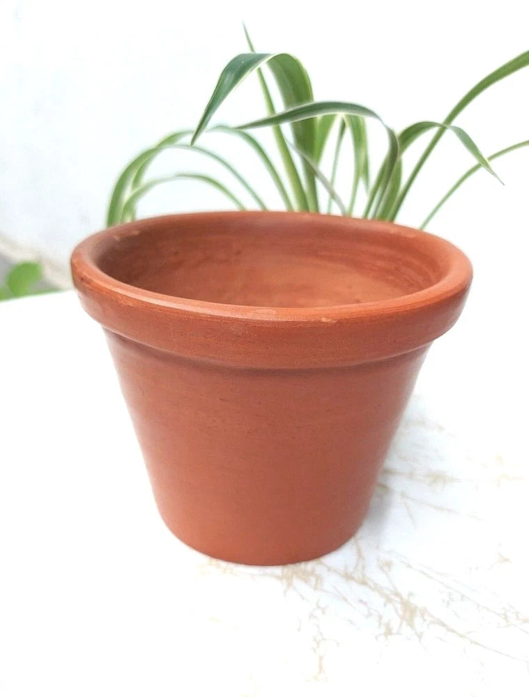 Terracotta clay flower pot, small round planter with wide rim for indoor plants