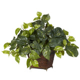 SILK POTHOS PLANT w/ ROPE PLANTER POT ~ ARTIFICIAL FAKE HOME ARRANGEMENT DECOR Green Plant