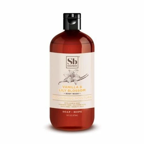 Soapbox Vanilla & Lily Blossom body wash bottle, shea butter, pump cap