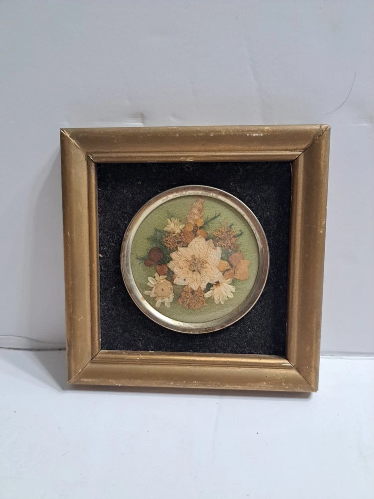 Framed pressed dried flower round art in gold-tone square frame