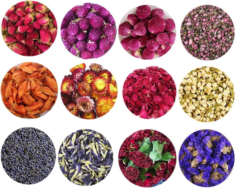 Dried flower accessory set with 12 bags of assorted burgundy, purple, yellow, blue pieces
