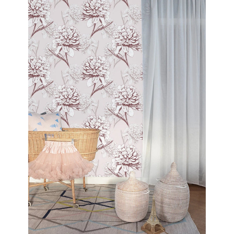 Peony flower self-adhesive wall mural with blush blossoms on a light background pattern