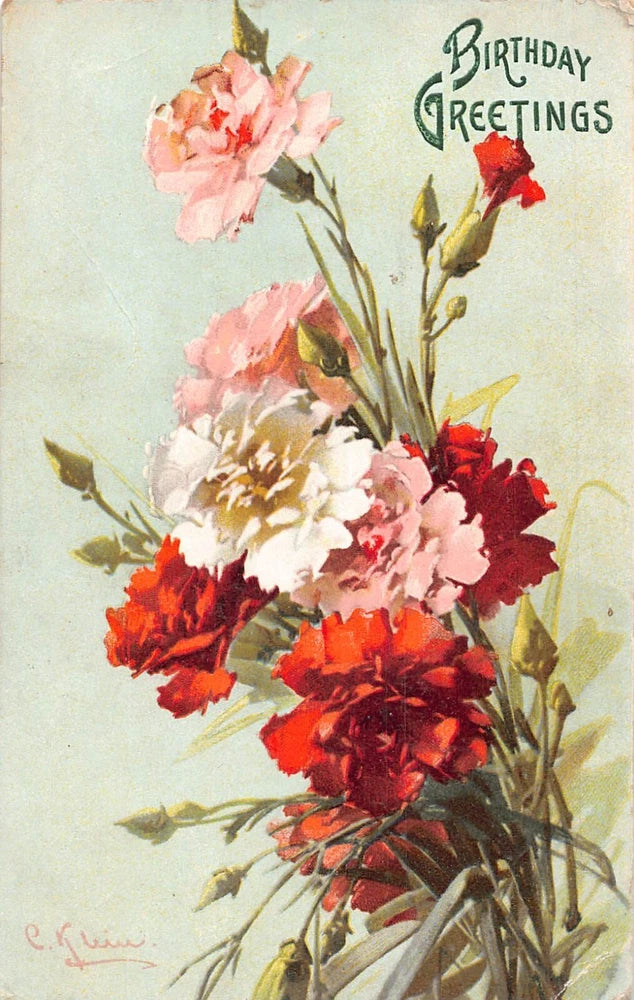 Birthday greetings postcard with pink, red, and white carnation bouquet