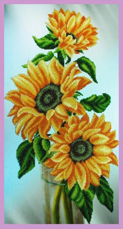 Sunflower bead embroidery design with yellow flowers, dark centers, and green leaves