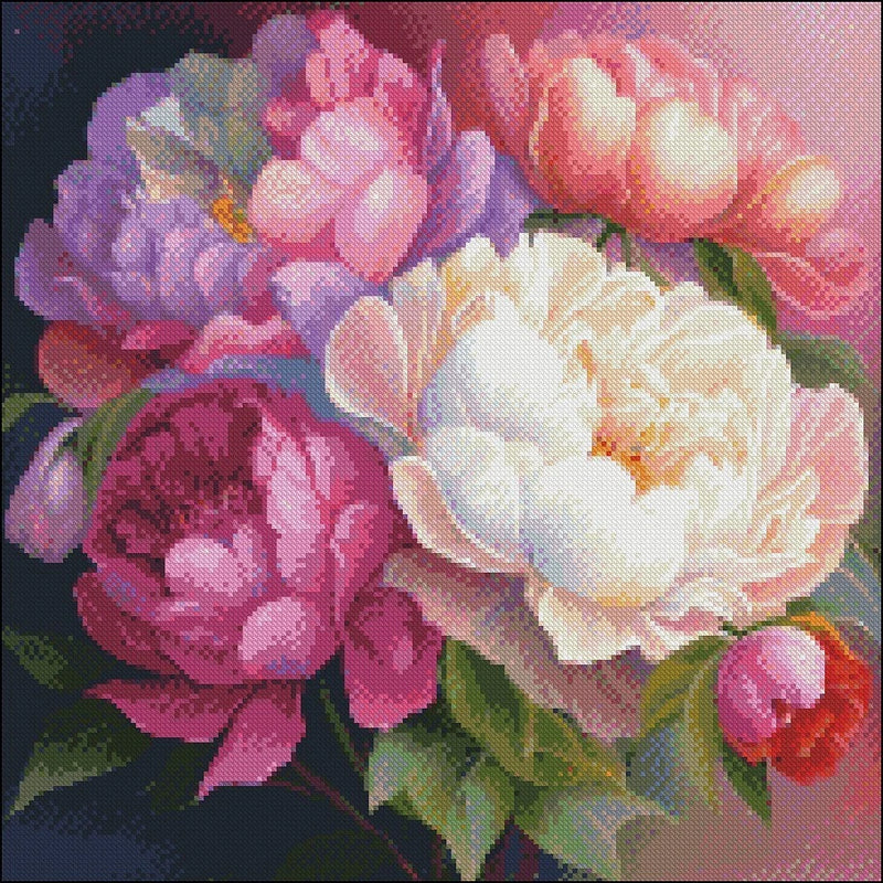 Peony floral counted cross stitch pattern with pink, purple, and white blooms