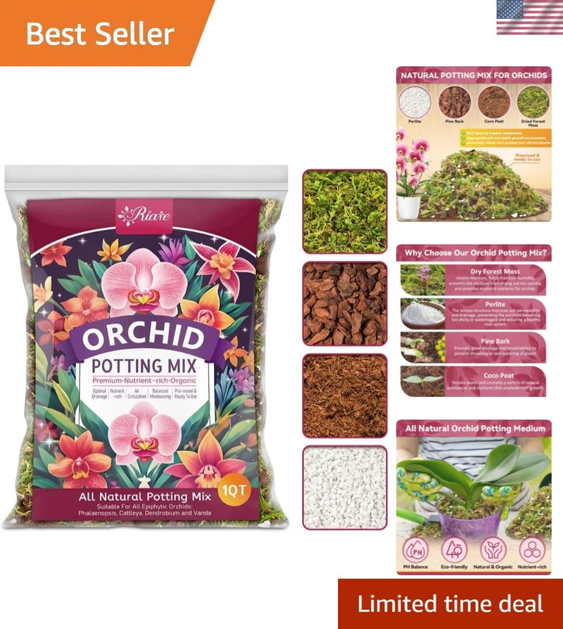 Orchid potting mix bag, 1QT, with colorful orchid and floral artwork on front