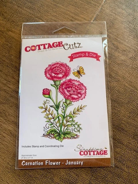 Cottage Cutz craft stamp and die set, carnation flower with butterfly illustration