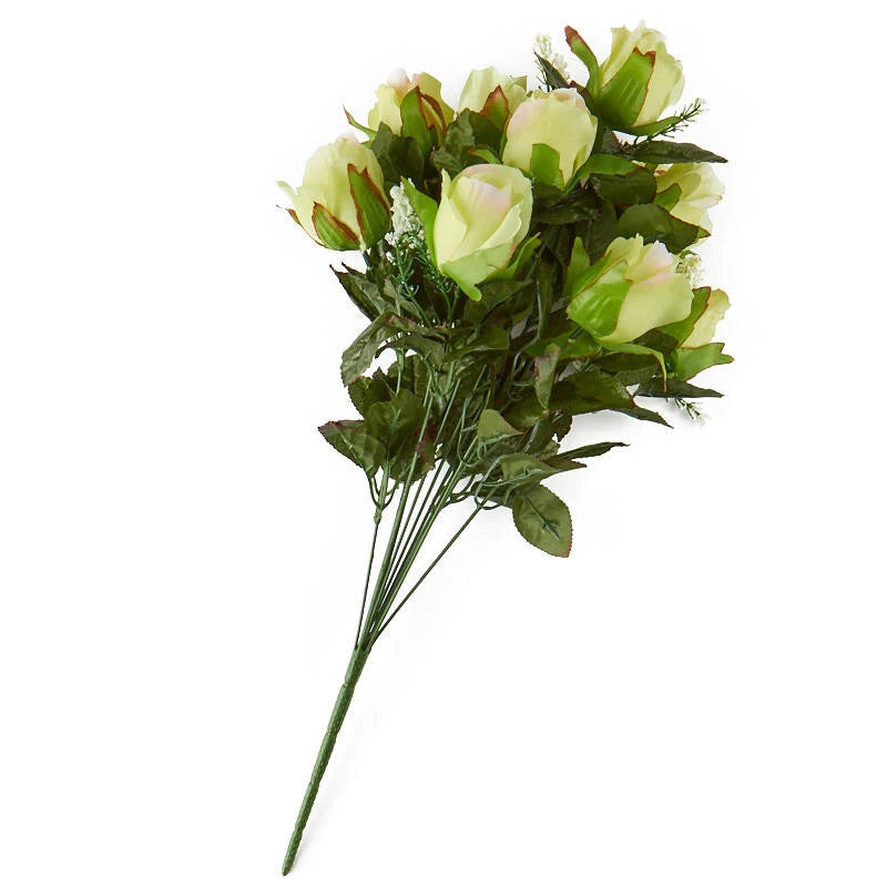 Artificial rosebud floral bush stem with pale green blooms and dark green leaves