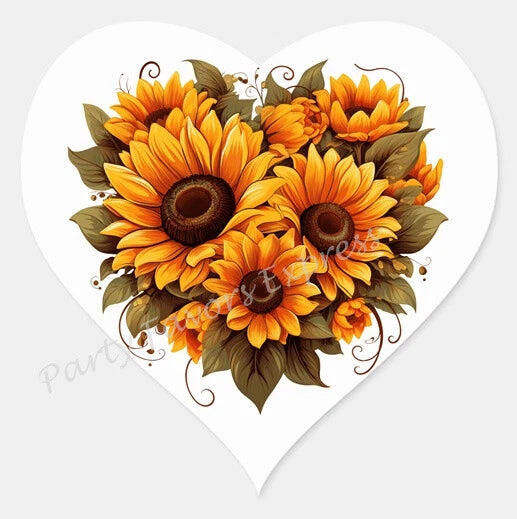 Heart-shaped sunflower sticker with orange and brown blooms and green leaves