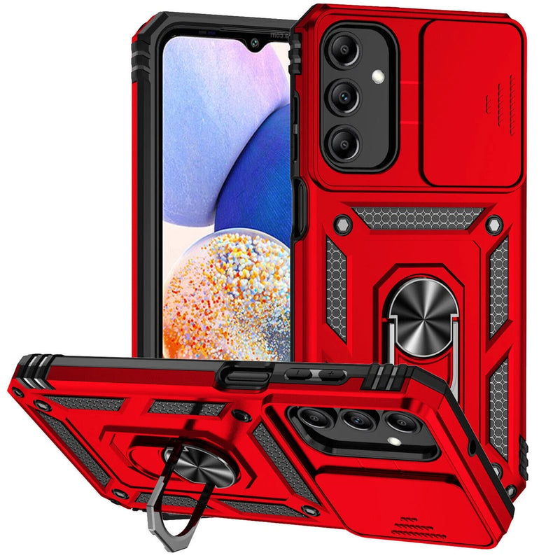 Red shockproof Samsung phone case with ring holder and camera protection